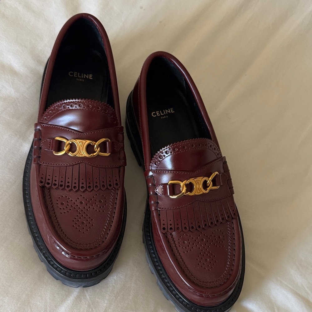 Celine women’s Maroon colored Loafers with Gold Chain
